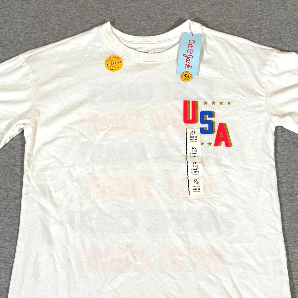Cat & Jack Boys XL 14 USA Graphic Tee Cream Short Sleeve Oversized T-Shirt NWT